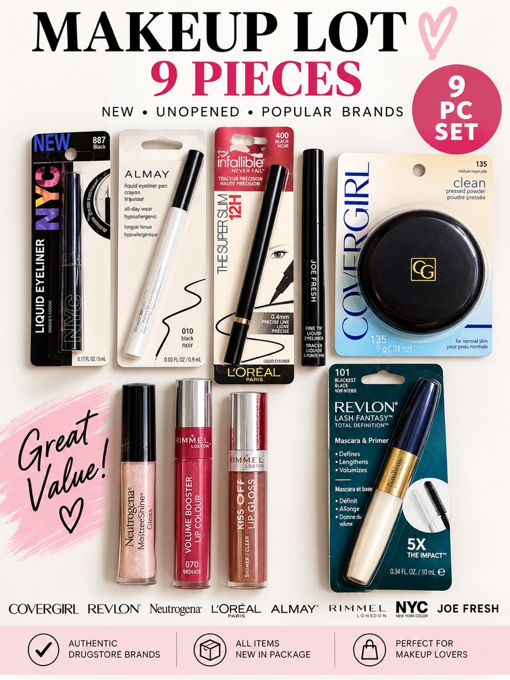 New Makeup Lot 9pc CoverGirl Revlon L’Oreal Almay Rimmel Eyeliner Mascara